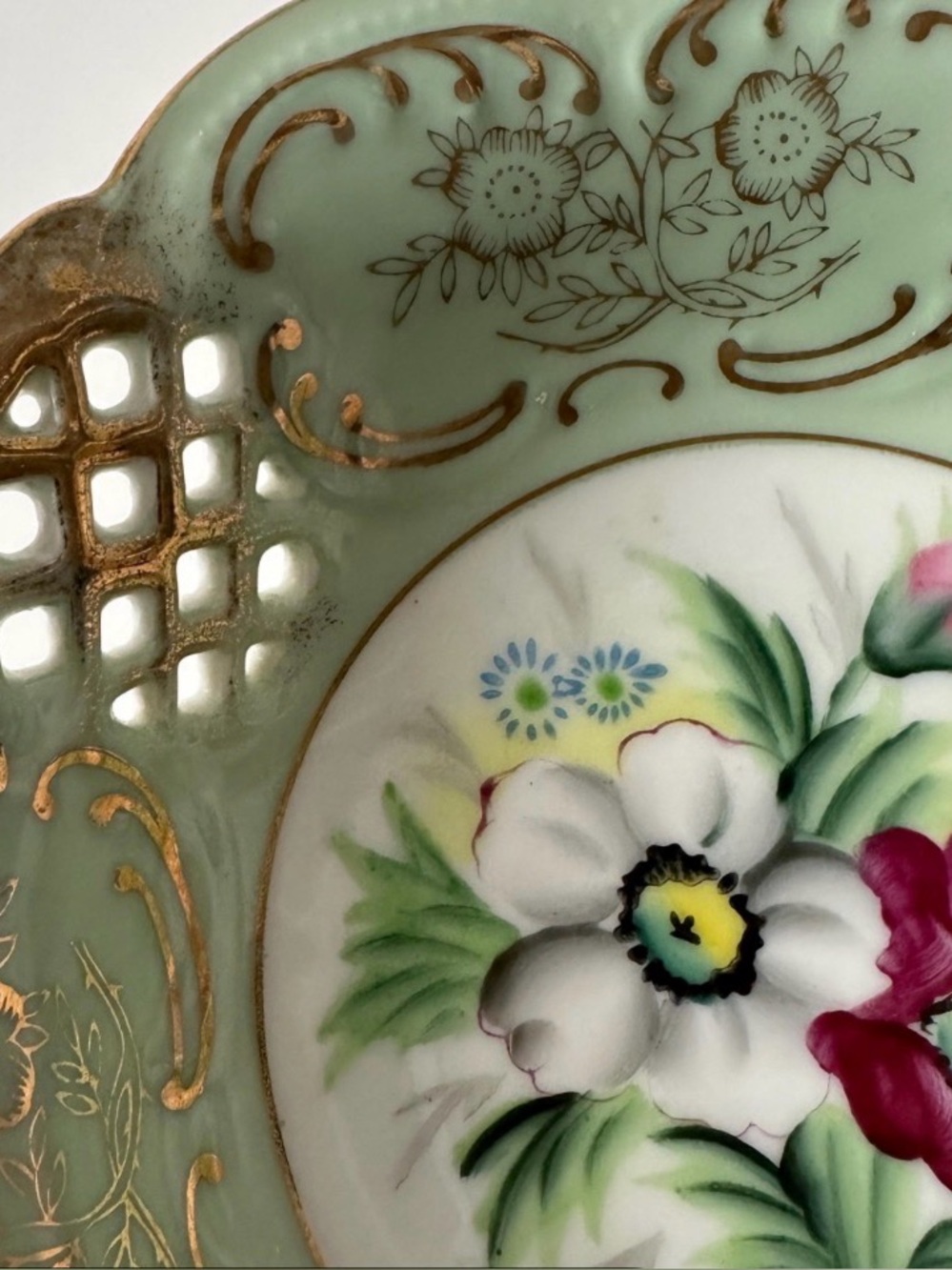 Vintage Mint Green and Gold Floral Porcelain Plate